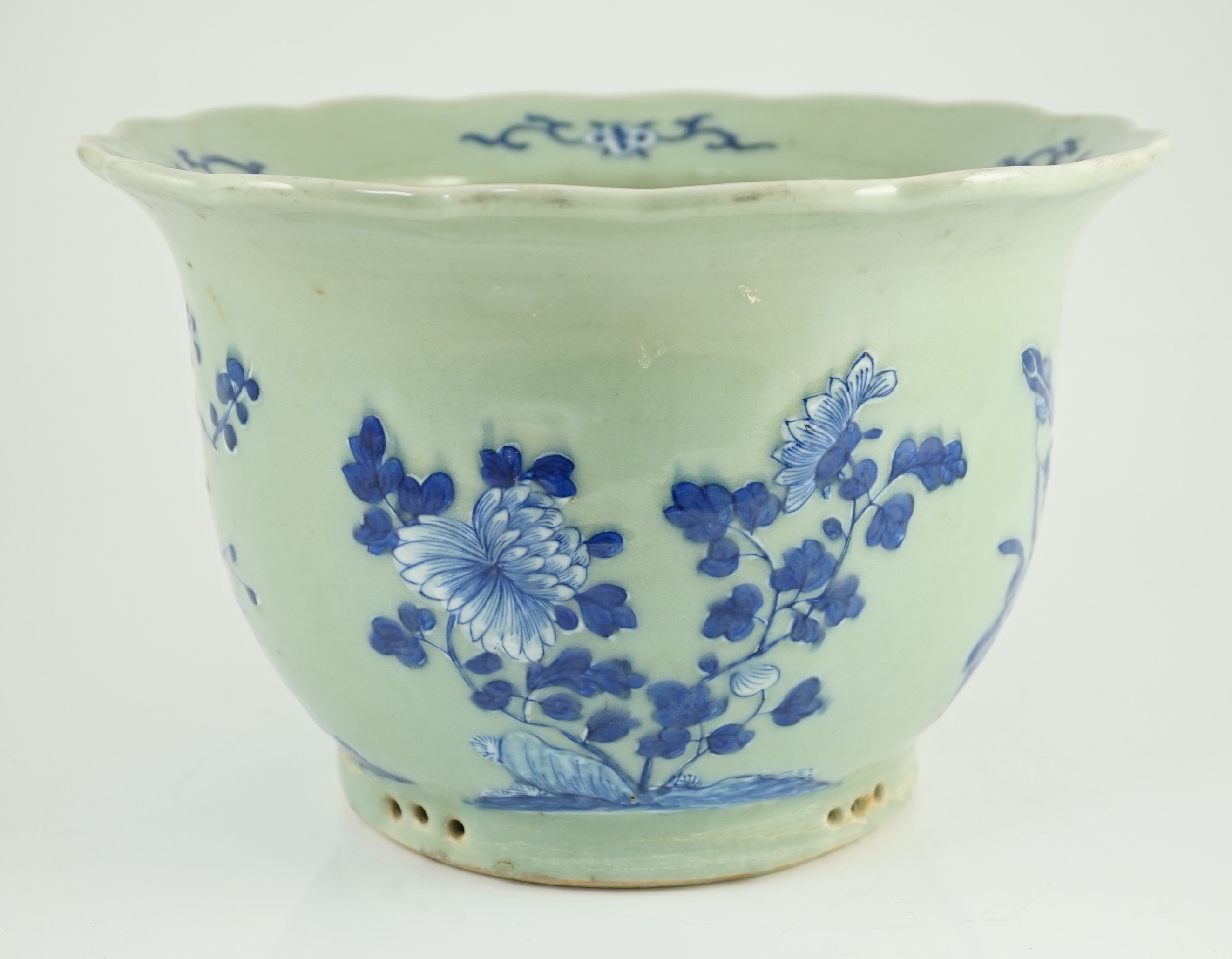 A Chinese blue and white celadon ground flower pot, late 19th century, 27.5cm diameter